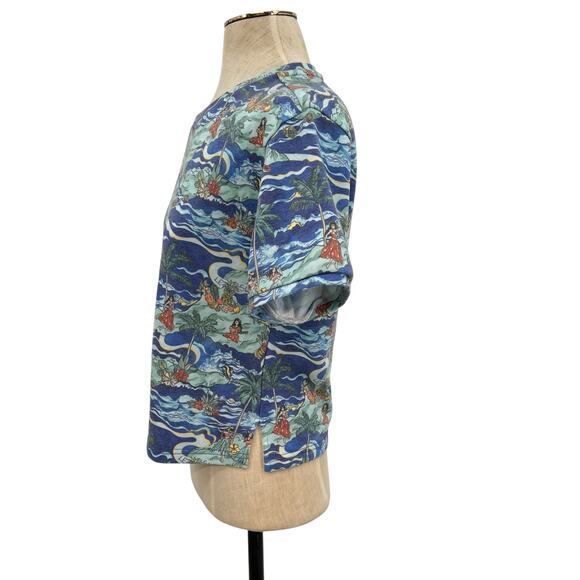 Le Superbe Fringed Tee Shirt Short Sleeve Hawaiian Print‎ Blue Size Small - Picture 7 of 10